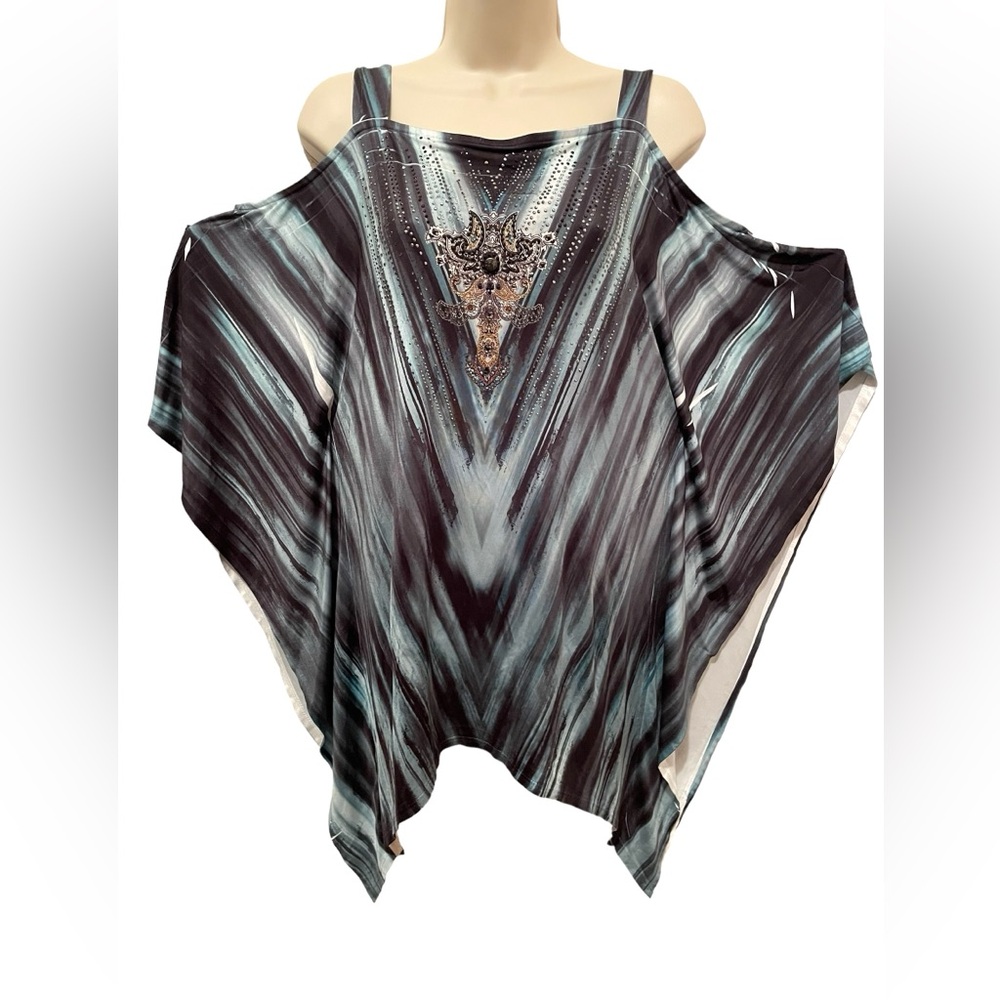 S12 Twelve Cold Shoulder Top Blouse Shark bite Hem Embellished